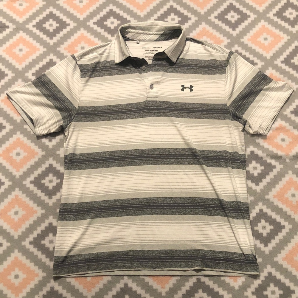Under Armour Mens “Playoff Polo”Gray&White Striped Polo Shirt Size Large
